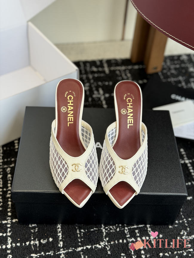 Kitlife Chanel Mesh Pointed-Toe High-Heeled Mule Sandals White - 1