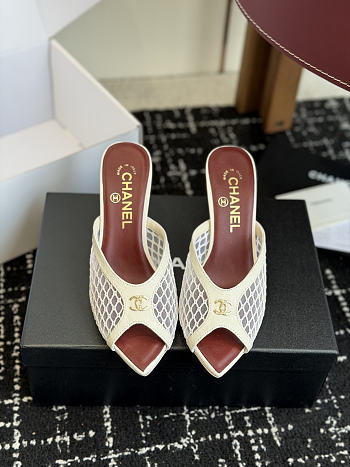 Kitlife Chanel Mesh Pointed-Toe High-Heeled Mule Sandals White