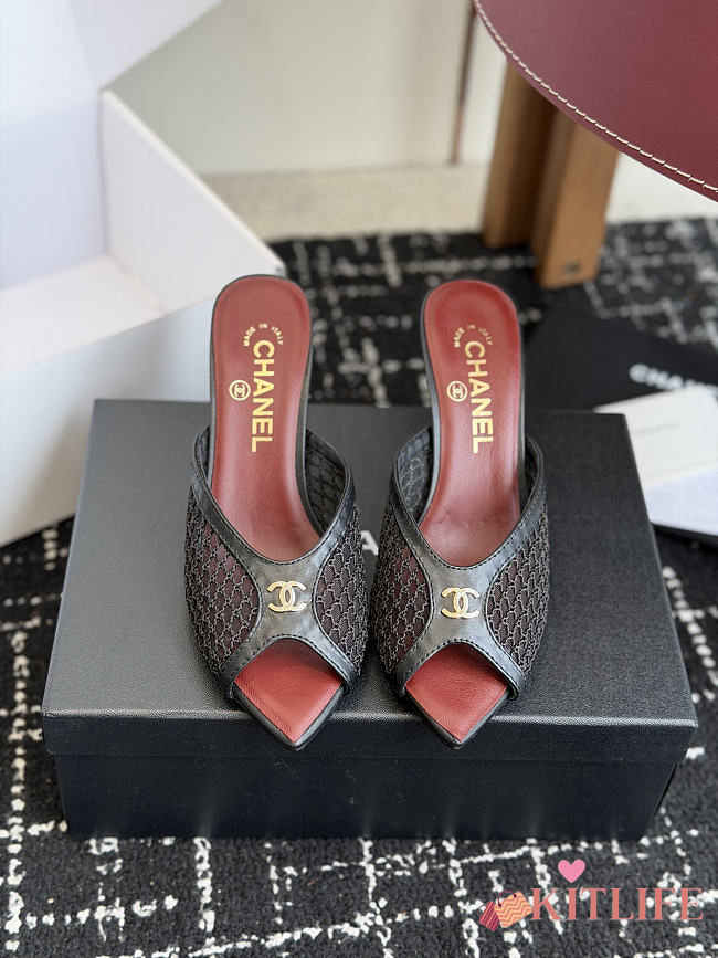 Kitlife Chanel Mesh Pointed-Toe High-Heeled Mule Sandals Black  - 1