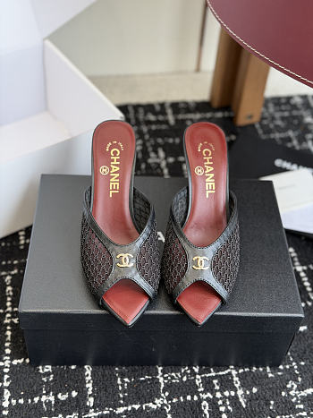 Kitlife Chanel Mesh Pointed-Toe High-Heeled Mule Sandals Black 