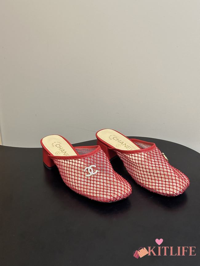Kitlife Chanel Closed-Toe Mules, Double C Metal Buckle Rhinestone Fishnet Chunky Heel Sandals Red - 1