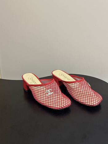 Kitlife Chanel Closed-Toe Mules, Double C Metal Buckle Rhinestone Fishnet Chunky Heel Sandals Red