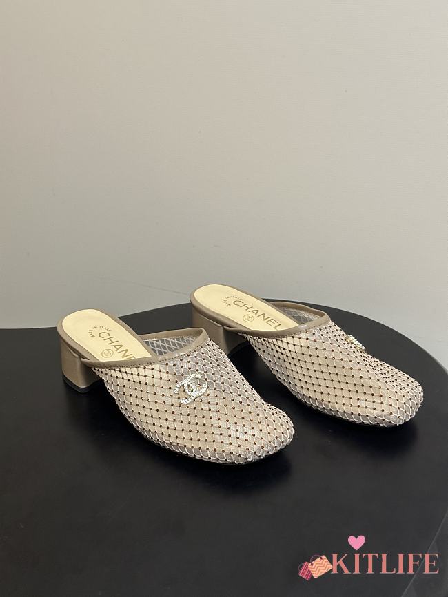 Kitlife Chanel Closed-Toe Mules, Double C Metal Buckle Rhinestone Fishnet Chunky Heel Sandals Beige - 1