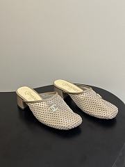 Kitlife Chanel Closed-Toe Mules, Double C Metal Buckle Rhinestone Fishnet Chunky Heel Sandals Beige - 1