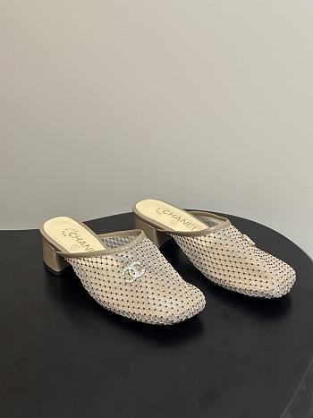 Kitlife Chanel Closed-Toe Mules, Double C Metal Buckle Rhinestone Fishnet Chunky Heel Sandals Beige