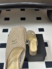 Kitlife Chanel Closed-Toe Mules, Double C Metal Buckle Rhinestone Fishnet Chunky Heel Sandals Beige - 4