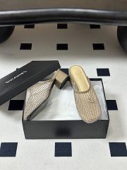 Kitlife Chanel Closed-Toe Mules, Double C Metal Buckle Rhinestone Fishnet Chunky Heel Sandals Beige - 5