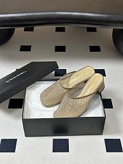 Kitlife Chanel Closed-Toe Mules, Double C Metal Buckle Rhinestone Fishnet Chunky Heel Sandals Beige - 6