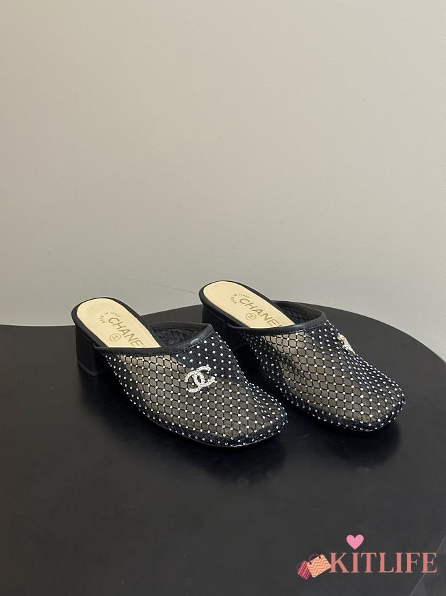 Kitlife Chanel Closed-Toe Mules, Double C Metal Buckle Rhinestone Fishnet Chunky Heel Sandals Black - 1