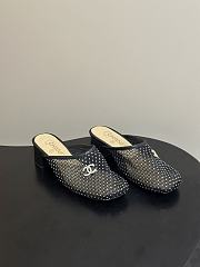 Kitlife Chanel Closed-Toe Mules, Double C Metal Buckle Rhinestone Fishnet Chunky Heel Sandals Black - 1