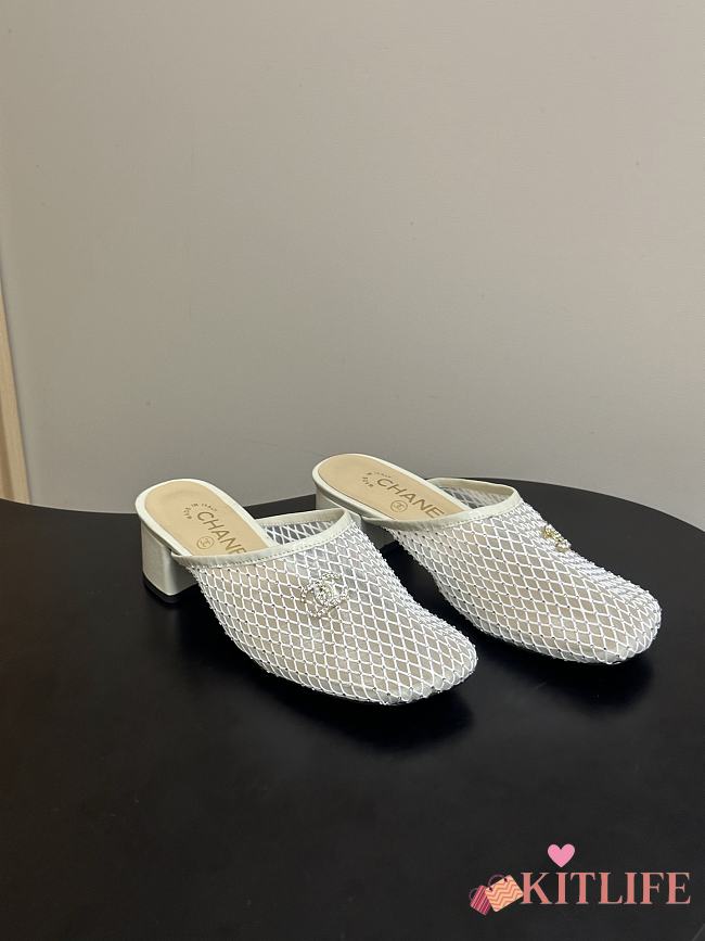 Kitlife Chanel Closed-Toe Mules, Double C Metal Buckle Rhinestone Fishnet Chunky Heel Sandals White - 1