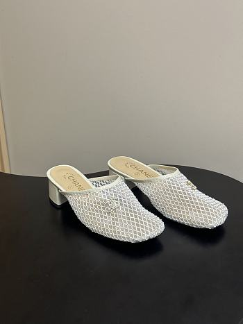 Kitlife Chanel Closed-Toe Mules, Double C Metal Buckle Rhinestone Fishnet Chunky Heel Sandals White