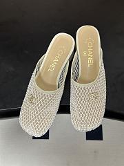 Kitlife Chanel Closed-Toe Mules, Double C Metal Buckle Rhinestone Fishnet Chunky Heel Sandals White - 4