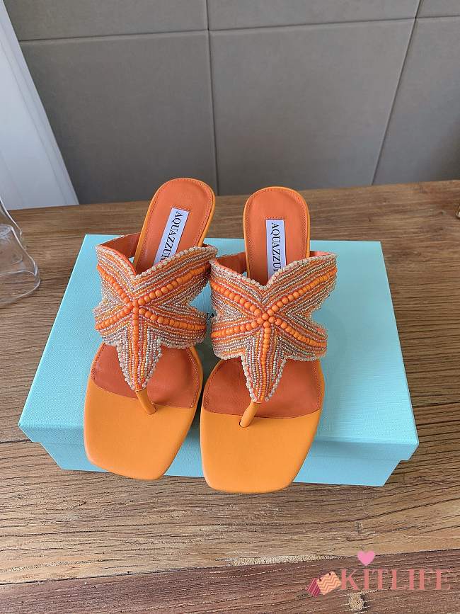 Kitlife Aquazzura Orange Reef Star Bead-embellished Leather Sandals - 1