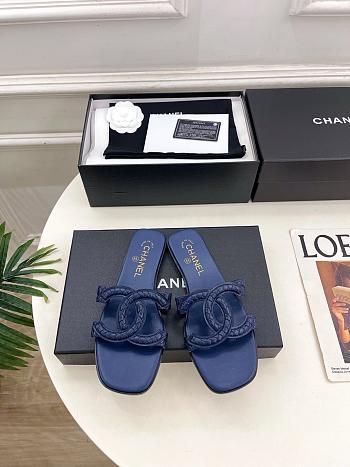 Kitlife Chanel CC Cut Out Mules Sandals Dark Blue Quilted Lambskin