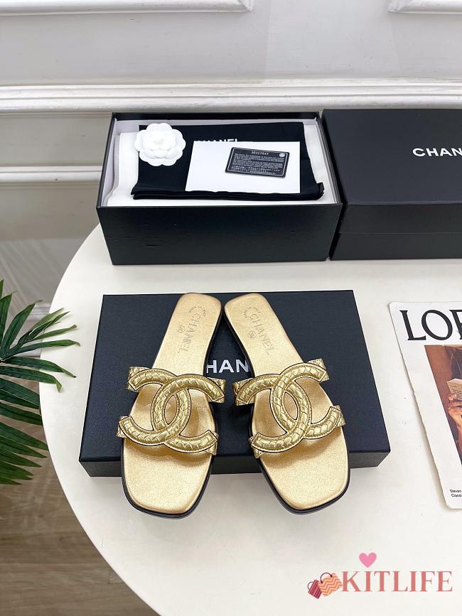 Kitlife Chanel CC Cut Out Mules Sandals Gold Quilted Lambskin  - 1