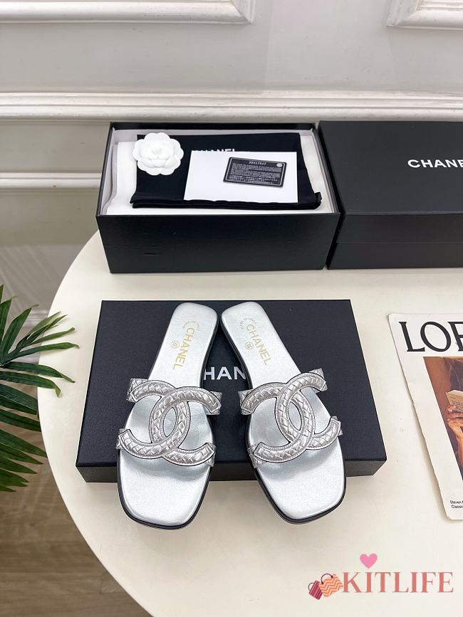 Kitlife Chanel CC Cut Out Mules Sandals Silver Quilted Lambskin  - 1