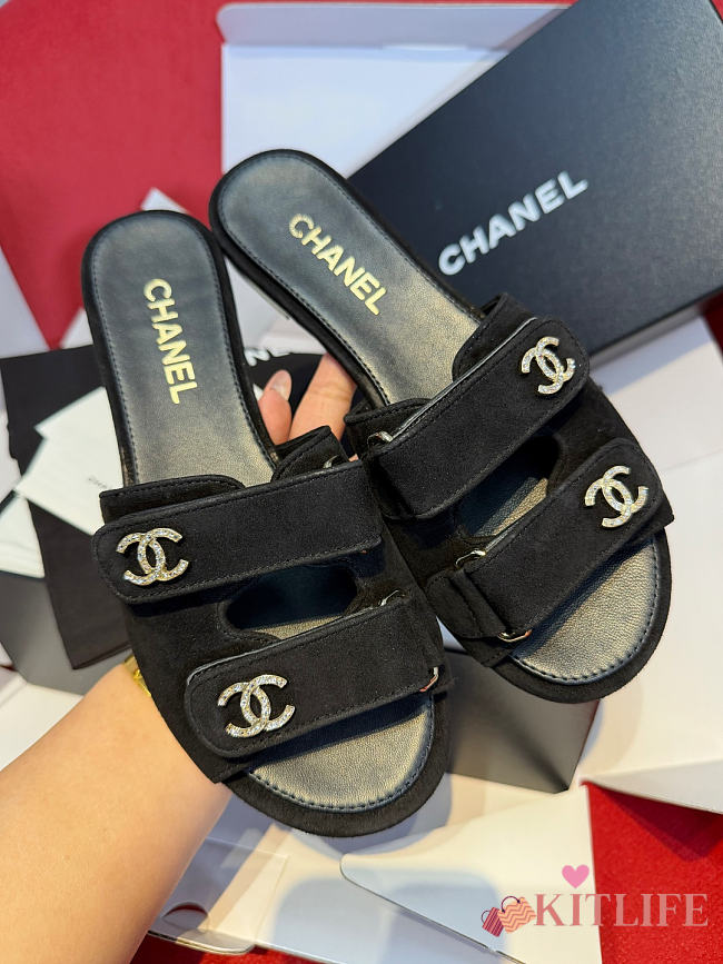 Kitlife Chanel Double C Rhinestone Buckle Velcro Slip-on Sandal Black - 1