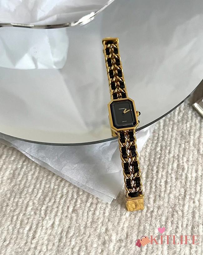 Kitlife Chanel Vintage Sugar Cube Black Gold Leather Chain Watch - 1