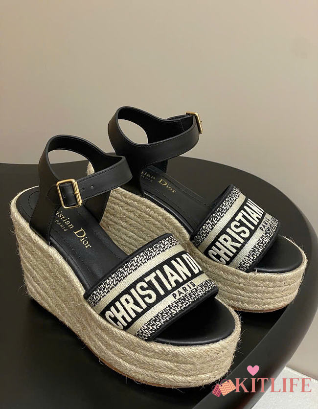 Kitlife Dior Dway Wedge Sandal Black Calfskin and Embroidered Cotton - 1