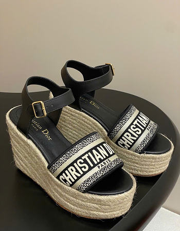 Kitlife Dior Dway Wedge Sandal Black Calfskin and Embroidered Cotton