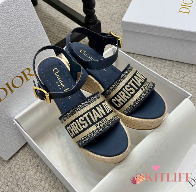 Kitlife Dior Dway Wedge Sandal Dark Blue Calfskin and Embroidered Cotton  - 1
