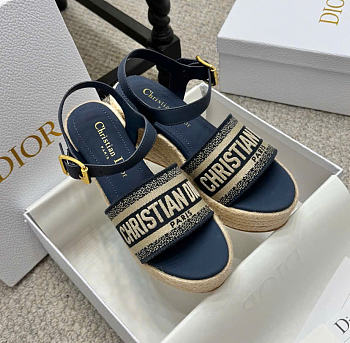 Kitlife Dior Dway Wedge Sandal Dark Blue Calfskin and Embroidered Cotton 