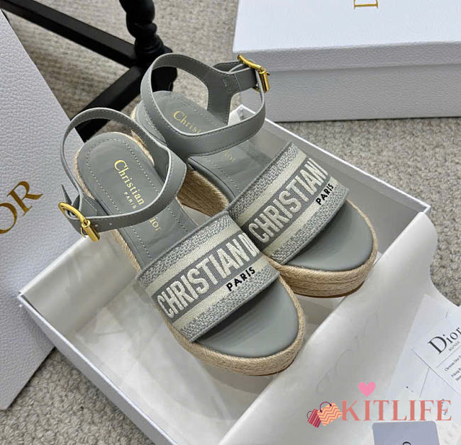 Kitlife Dior Dway Wedge Sandal Grey Calfskin and Embroidered Cotton  - 1