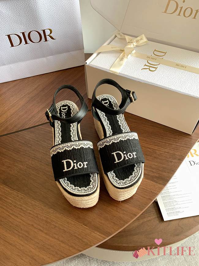 Kitlife Dior Dentelle Wedge Sandal Black Dior Oblique Embroidered Cotton and White Lace - 1