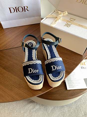 Kitlife Dior Dentelle Wedge Sandal Navy Blue Dior Oblique Embroidered Cotton and White Lace 