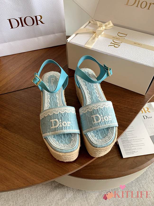 Kitlife Dior Dentelle Wedge Sandal Blue Dior Oblique Embroidered Cotton and White Lace  - 1