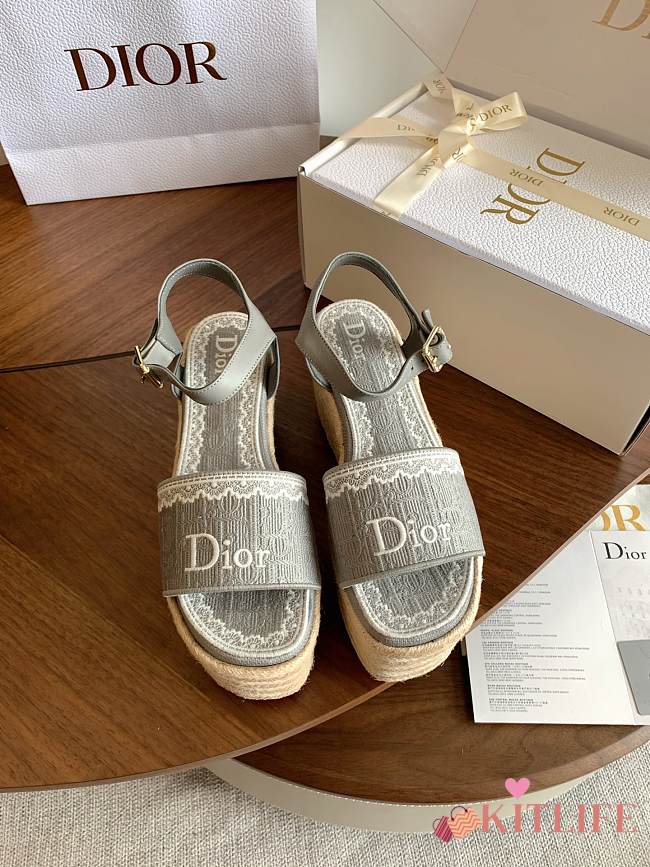 Kitlife Dior Dentelle Wedge Sandal Grey Dior Oblique Embroidered Cotton and White Lace  - 1