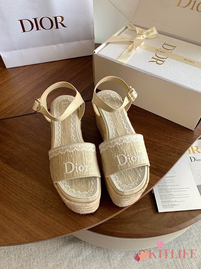 Kitlife Dior Dentelle Wedge Sandal Beige Dior Oblique Embroidered Cotton and White Lace  - 1