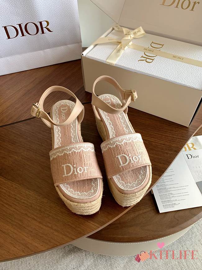 Kitlife Dior Dentelle Wedge Sandal Light Blue Dior Oblique Embroidered Cotton and White Lace  - 1