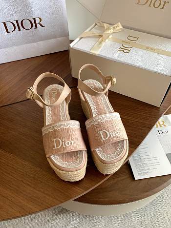 Kitlife Dior Dentelle Wedge Sandal Light Blue Dior Oblique Embroidered Cotton and White Lace 
