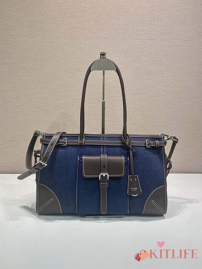 Kitlife Prada Bonnie Large Blue Denim and Dark Brown Leather Handbag 1BA433 38x30x12cm  - 1