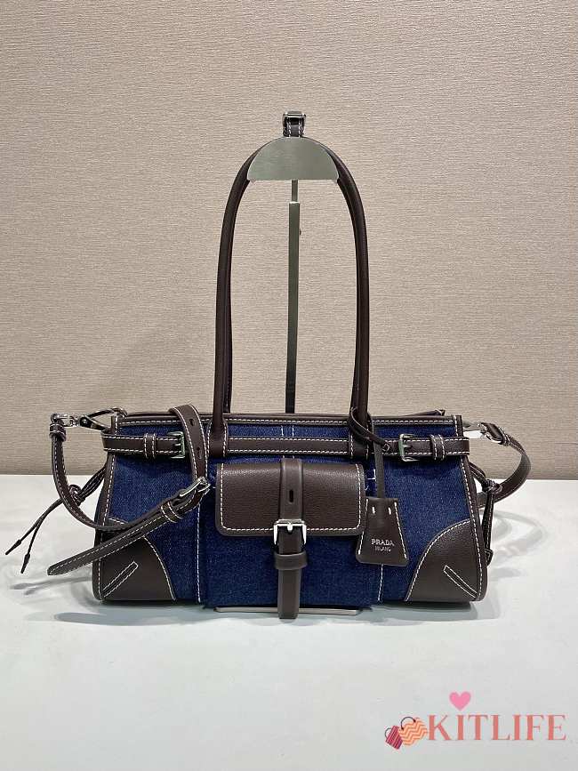 Kitlife Prada Bonnie Medium Blue Denim and Dark Brown Leather Handbag 1BA426 32x15.5x12cm  - 1