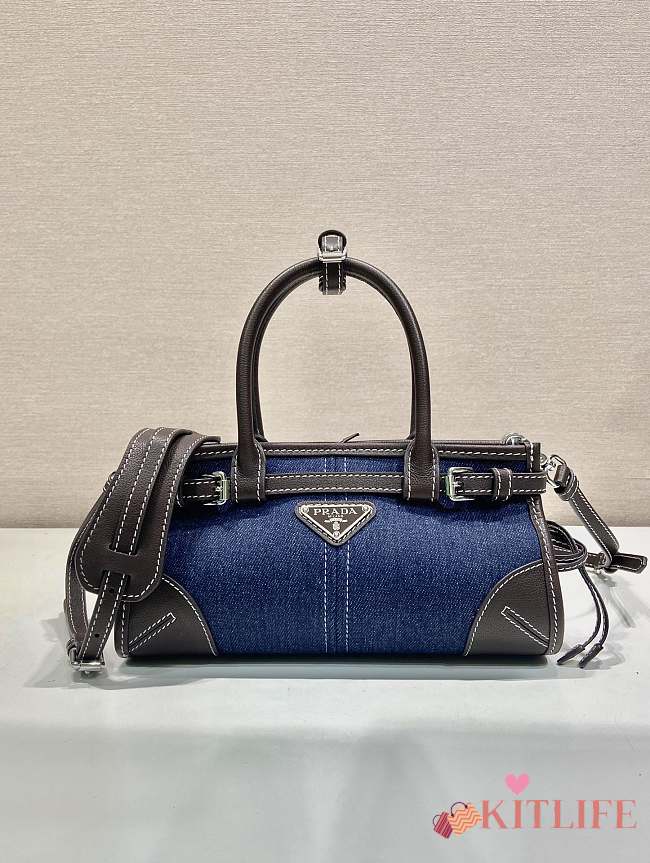 Kitlife Prada Bonnie Blue Denim And Dark Brown Leather Bag 1BA486 23.5x12x9cm  - 1