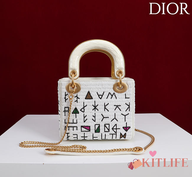 Kitlife Dior Three-Compartment Embroidered Art Limited Edition White Beaded Bag 17x15x7cm - 1