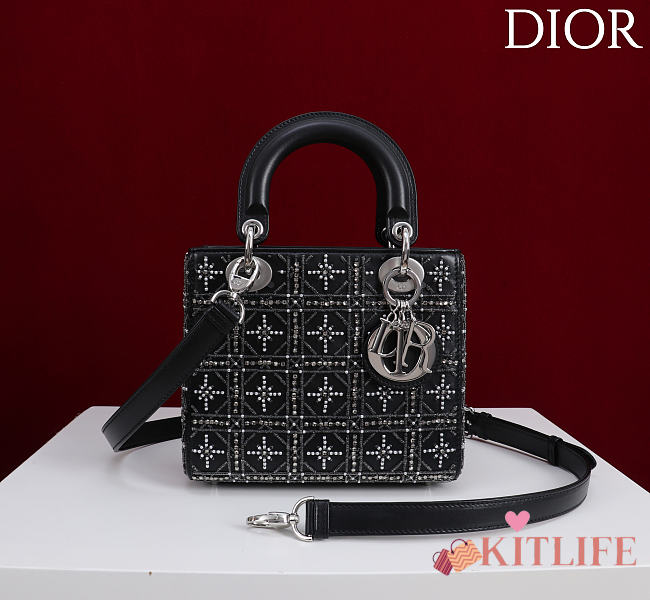 Kitlife Dior Four-Compartment Embroidered Black Leather with Silver Beads 20x16.5x8cm - 1
