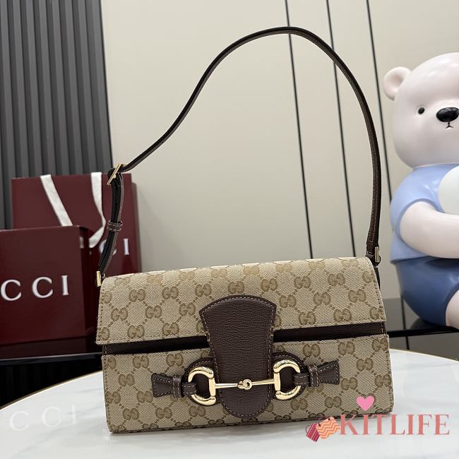 Kitlife Gucci Horsebit Ristretto Shoulder Bag Beige GG Canvas 26x14.5x4.5cm  - 1