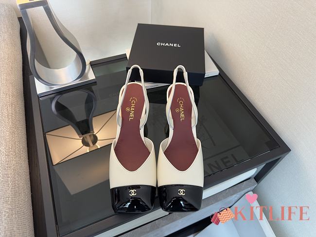 Kitlife Chanel Slingbacks White Lambskin & Black Patent Calfskin 90mm - 1