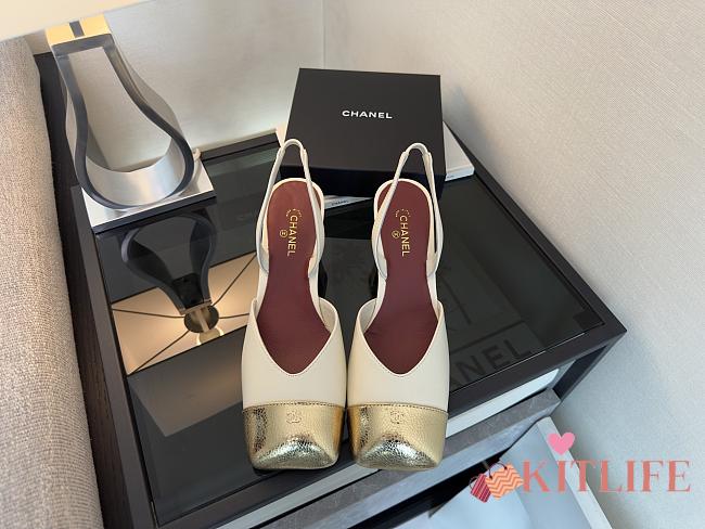 Kitlife Chanel Slingbacks White Lambskin & Gold Patent Calfskin 90mm - 1