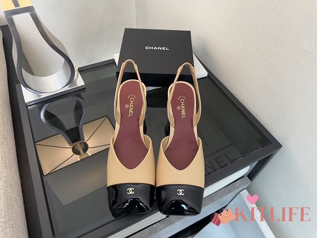 Kitlife Chanel Slingbacks Beige Lambskin & Black Patent Calfskin 90mm - 1