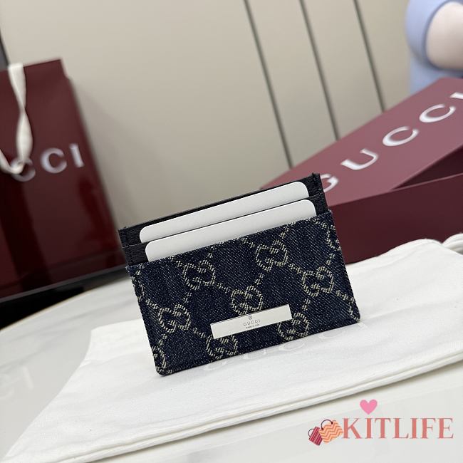 Kitlife Gucci Card Case with Gucci Plaque Dark Blue GG Denim 875795 10x7cm - 1