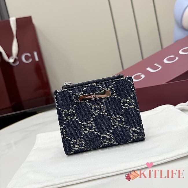 Kitlife Gucci Small Wallet with Gucci Plaque Dark Blue GG Denim 875798 10x8cm - 1