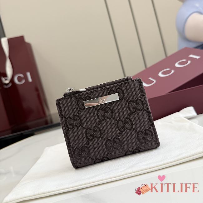 Kitlife Gucci Small Wallet with Gucci Plaque Dark Brown GG Denim 875798 10x8cm  - 1