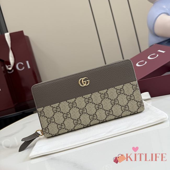 Kitlife Gucci Bi-color GG Marmont Zip Around Wallet Beige & Brown 456117 10.5x19x2cm - 1