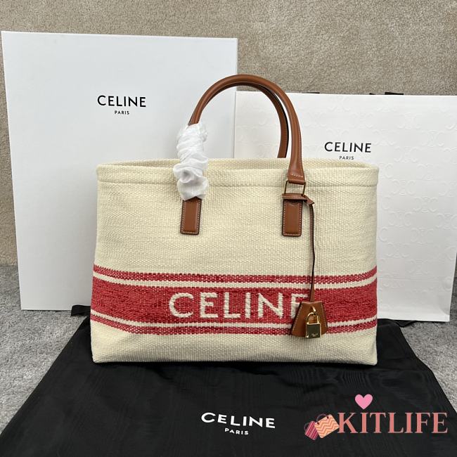 Kitlife Celine Plein Soleil Textile Calfskin Horizontal Cabas Bag Cream Red 44x32x16cm - 1