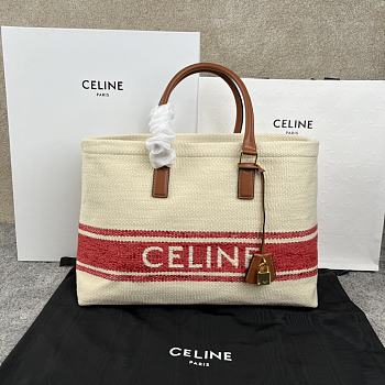 Kitlife Celine Plein Soleil Textile Calfskin Horizontal Cabas Bag Cream Red 44x32x16cm